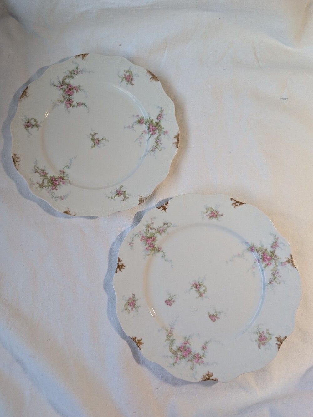 Limoges J. Pouyat Porcelain Pink Floral Gold Porcelain Plates - 2 DAMAGED